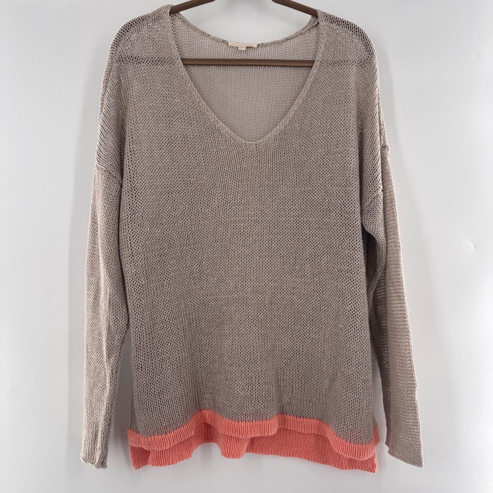 Eileen Fisher 100% Linen Italian Yarn Knit Sweater XL Taupe Coral Hem